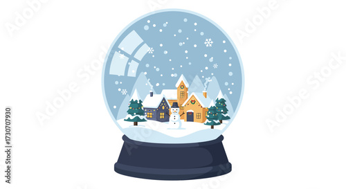 Charming winter village scene inside a classic glass snow globe silhouette