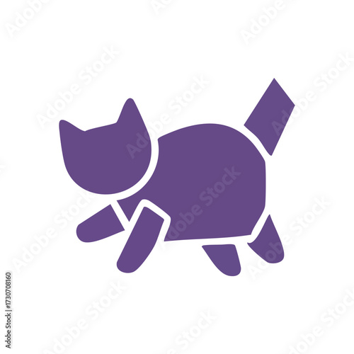 Playful Amethyst Feline Icon. A whimsical violet pussycat emblem, perfect for designs requiring a touch of domestic animal charm. Its gentle contour evokes a friendly spirit.