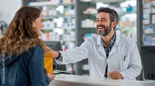 Pharmacist assisting customer with prescription pharmacy interaction indoor close-up healthcare experience