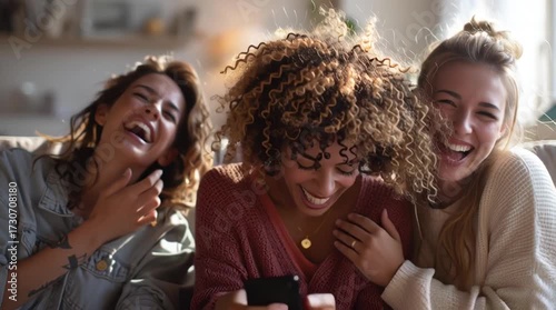 Joyful friends sharing laughter cozy living room candid moments home environment intimate close-up friendship concept