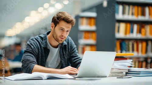 Focused student studying in library digital learning environment academic research quiet atmosphere close-up view concentration
