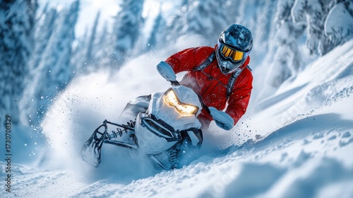 snowmobiler carving through deep snow in the backcountry