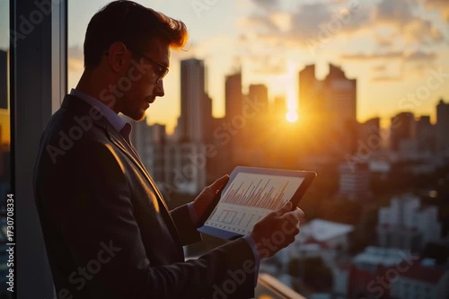 Sunset business reflection city skyline professional portrait urban environment side view ambition and growth