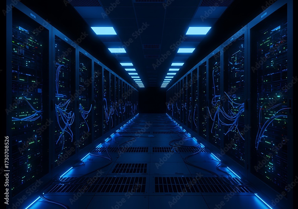 Fototapeta premium A perspective view of a server room, showcasing rows of data storage equipment.