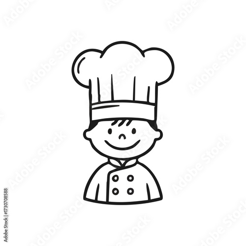 Smiling Cartoon Chef Illustration. A cheerful caricature of a young cook, wearing traditional headwear and jacket. This emblem suggests gastronomy, delight, and early culinary aspirations.