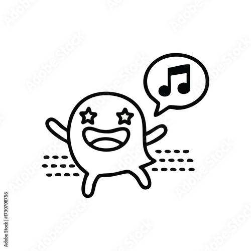Happy Animated Creature Sings. An ecstatic ghost-like entity with stellar eyes vocalizes a melodious tune, conveying immense pleasure and sonic delight.