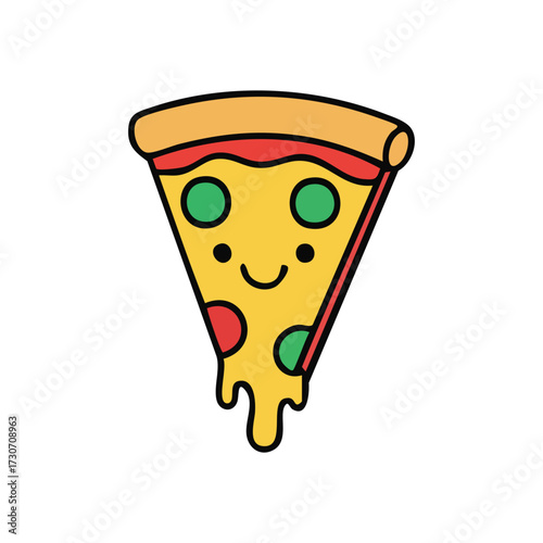 Cheerful Pizza Slice. This adorable food wedge illustrates pure joy with a wide grin and gooey melted topping. Ideal for designs seeking a delicious, playful, and comforting vibe.