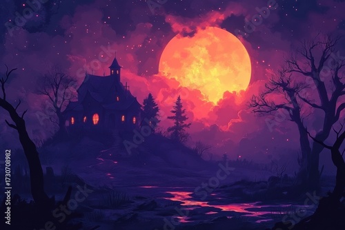 Mysterious haunted house silhouetted against a vibrant full moon on a Halloween night