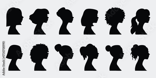 Silhouette collection of diverse women head profiles with different hairstyles illustration