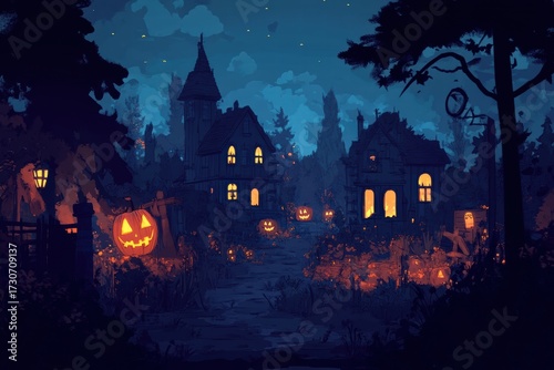 Charming Halloween night in a spooky village with glowing jack-o'-lanterns and eerie houses