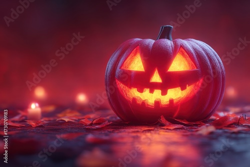 Glowing Halloween pumpkin set against a spooky background with autumn leaves