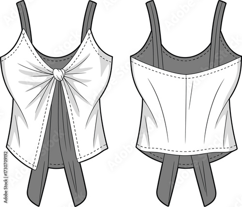 Sleeveless top sketch vector, bow detail design, fitted bodice, wide straps, decorative hem ties, fashion illustration, technical drawing, front and back view