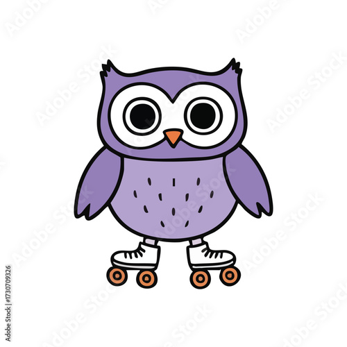 Whimsical Purple Owl Roller Skater. This adorable violet bird glides on retro wheels, embodying joy and playful spirit. A charming creature ready for fun.