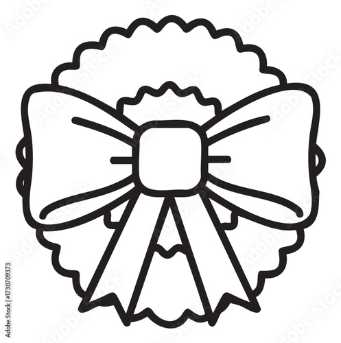 Black and white line art of a decorative wreath with large bow - stock vector