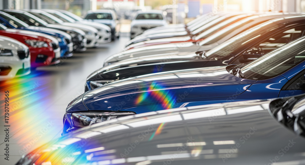 Fototapeta premium Car dealership with rainbow light reflections across polished vehicle surfaces. Automotive showroom interior featuring spectrum effects, gleaming cars, modern retail environment.