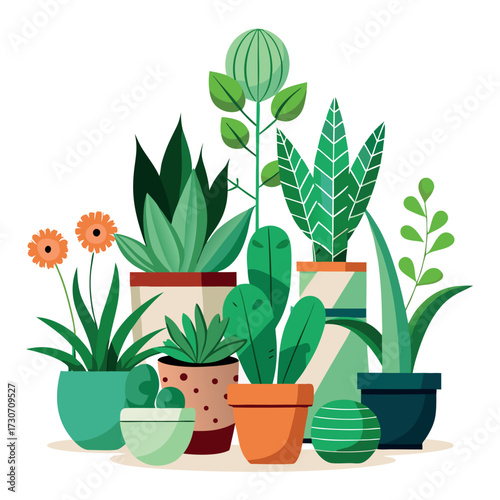 Create a colorful illustration of different potted indoor plants with various shapes, sizes, and leaves