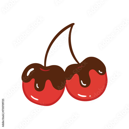 Sweet Chocolate Cherries Treat. This charming artwork depicts juicy red fruits adorned with decadent dark cocoa, conveying joy and deliciousness. Ideal for desserts, bakeries, or a playful food theme.