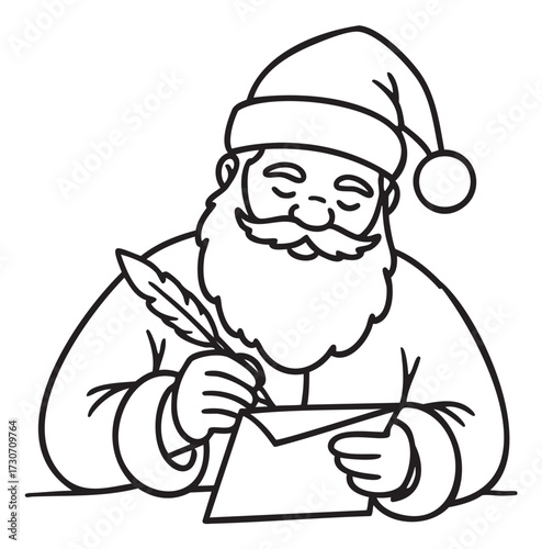 Santa claus writing letter illustration - black and white outline drawing - stock vector
