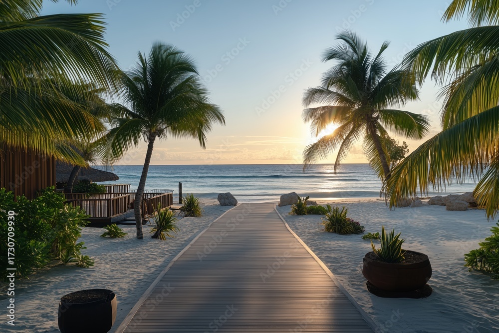 Fototapeta premium Scenic tropical boardwalk with palm trees and ocean at sunset
