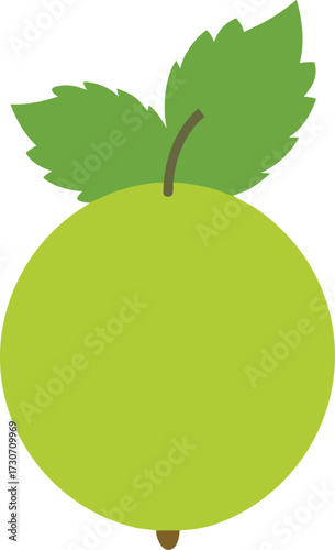 A simple, flat illustration of a green gooseberry with two leaves, isolated on a white background