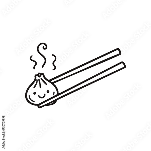 Happy Dumpling with Chopsticks. A steaming food bun with a joyful face is gently lifted. This charming illustration symbolizes warmth, comfort, and Asian culinary delight.