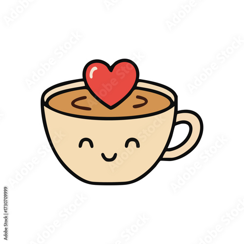 Happy Drink Cup with Love Symbol. This charming cartoon beverage features a delightful mug expressing warmth and passion for a joyful start.