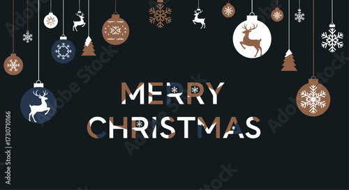 Elegant Merry Christmas text with festive ornaments and snowflakes creating a modern holiday greeting perfect for seasonal campaigns