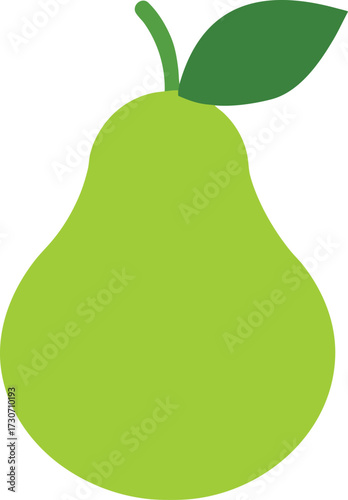 Green pear with stem and leaf isolated on white background