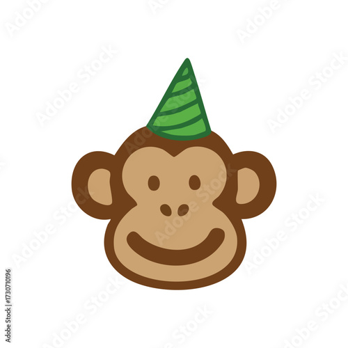Smiling Monkey Face Festive Green Hat. Charming primate illustration radiates joy. This cheerful character dons a conical headwear, symbolizing fun, celebrations, and delightful occasions.