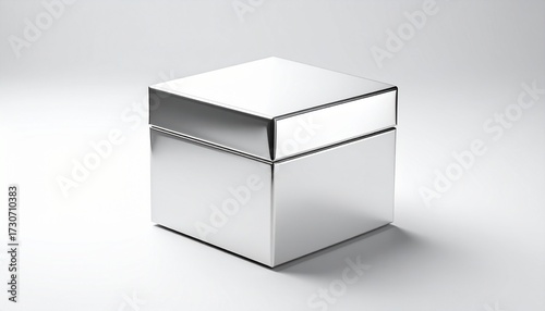 Minimalist silver metal storage box with a polished reflective finish, clean geometric shape, and soft studio shadows, isolated on a white background. Ideal for luxury packaging, metal container.