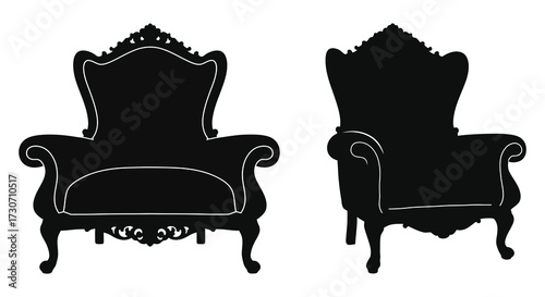 Two ornate vintage armchairs presented in a striking black silhouette