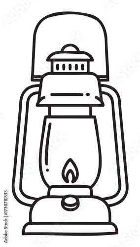 Outline of a vintage lantern with glass chimney and flame - stock vector