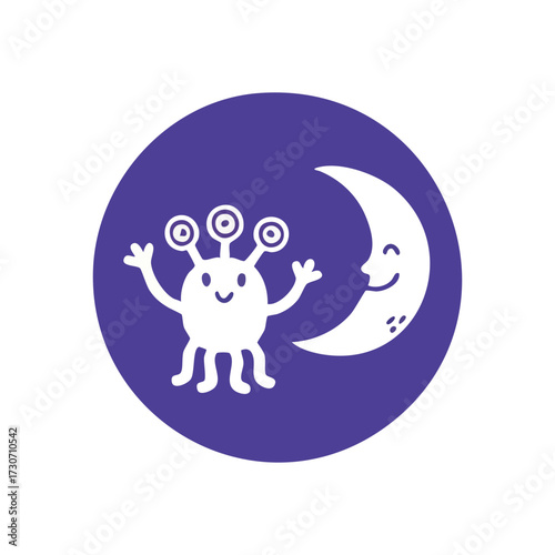 Cute Alien and Smiling Moon Duo. A whimsical extraterrestrial being with an amiable celestial body against a vivid backdrop. This illustration evokes childhood wonder, imagination, and peaceful.