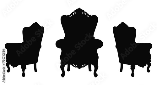 Three ornate vintage chairs presented as a striking black silhouette