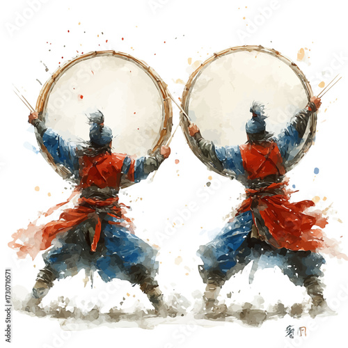 Mongolian Nomadic Games, watercolor illustration vector, isolated on a white background.