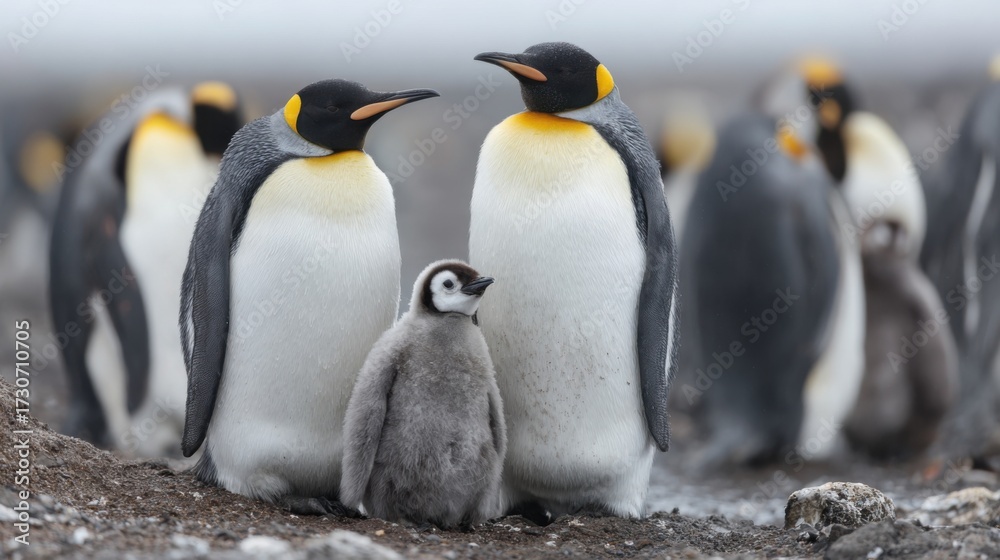 Fototapeta premium Two emperor penguins stand close together in the cold Antarctic watching a fluffy chick nestled between them. This scene highlights the caring nature of penguin families in their icy habitat.