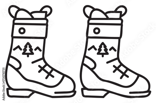 Outline of winter ice skating boots with mountain tree design - stock vector