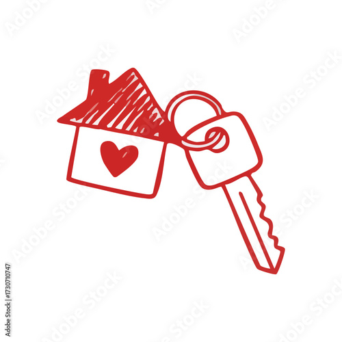 Home Key with Loving Heart Icon. This charming illustration symbolizes cherished shelter, secure investment, and fresh starts. It portrays warmth, family, and happy ownership.