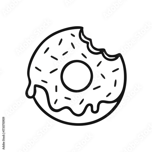 Hand Drawn Bitten Doughnut Outline. A charming sketch of a delicious frosted pastry with sprinkles, depicting a moment of delightful indulgence or a craving satisfied.
