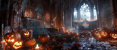 Ornate church transformed into a Halloween spectacle with pumpkins and candles