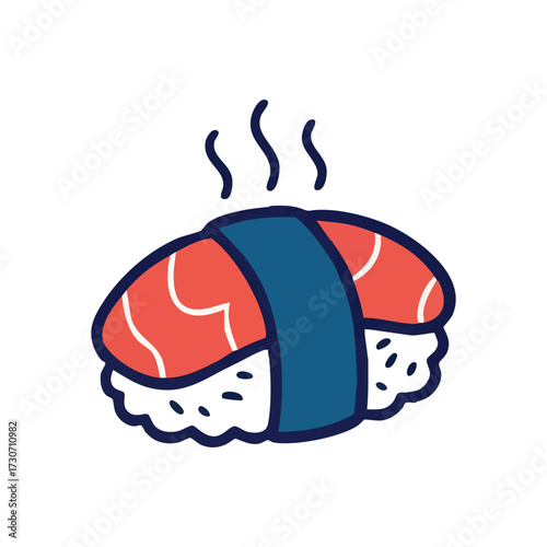 Steaming Sushi Nigiri Illustration. A delightful nigiri artwork featuring warm salmon on rice, symbolizing a freshly prepared and appetizing Japanese delicacy. Ideal for food-related designs.