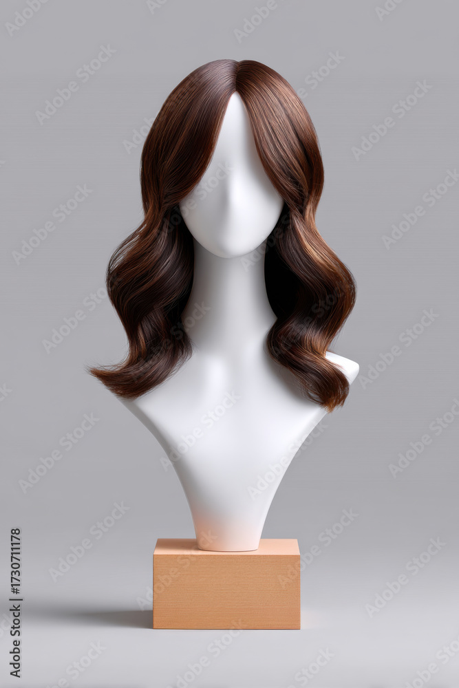 Fototapeta premium Elegant brown wavy long hair wig on beauty mannequin head. professional hairstyle display for salon, showing smooth texture on gray background with copy space