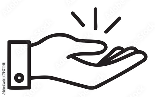 Outline of open hand with cuff and rays signifying offering or receiving gesture - stock vector