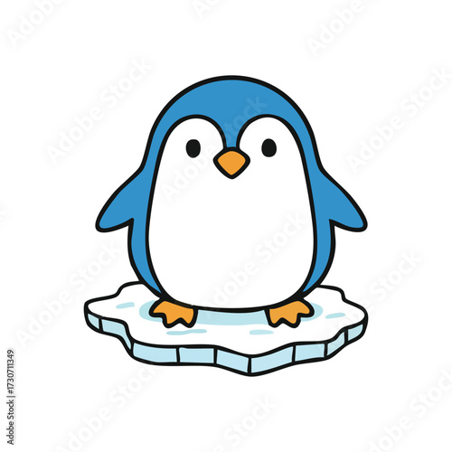 Adorable Cartoon Penguin Ice Floe. A charming little Antarctic bird illustration, with bright blue feathers and an orange beak, stands on a small floating ice chunk. Evokes warmth and cuteness.