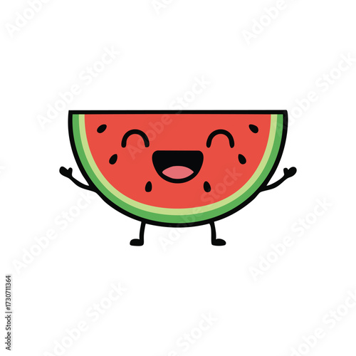 Smiling Summer Fruit Mascot Graphic. This delightful animated produce embodies happiness and fresh flavor. Perfect for themes of warmth, health, and children's content.