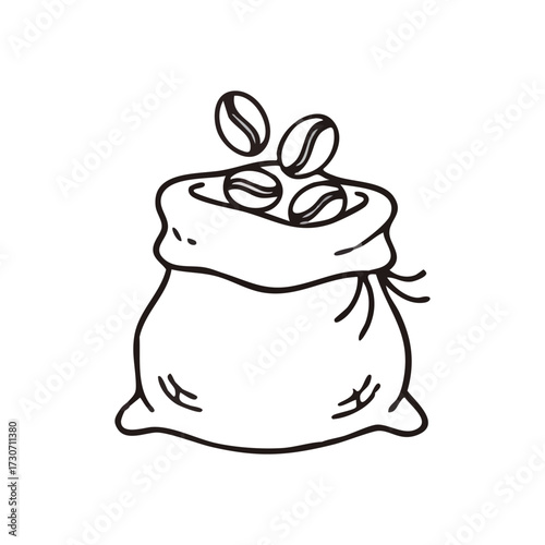 Fresh Coffee Beans Bag Outline. Hand-drawn sketch depicting raw java seeds in a burlap pouch, symbolizing the origin and natural essence of this popular beverage.