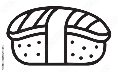 Line art sushi icon with rice and fish in black and white - stock vector
