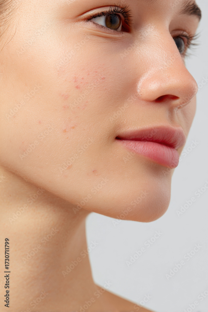 Fototapeta premium Calm young woman face in profile with post acne dark spot and PIH on her cheek. detailed dermatology macro view of skin texture, blemish, and imperfection for skincare concept