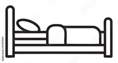 Simple black and white outline of bed with pillow and blanket - stock vector