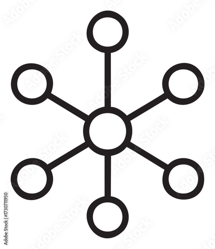 Simple black network diagram with central node and six connected points - stock vector